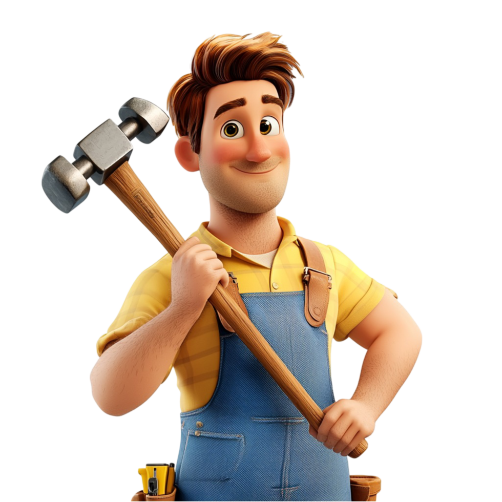 Friendly construction worker holding a large hammer determined expression png