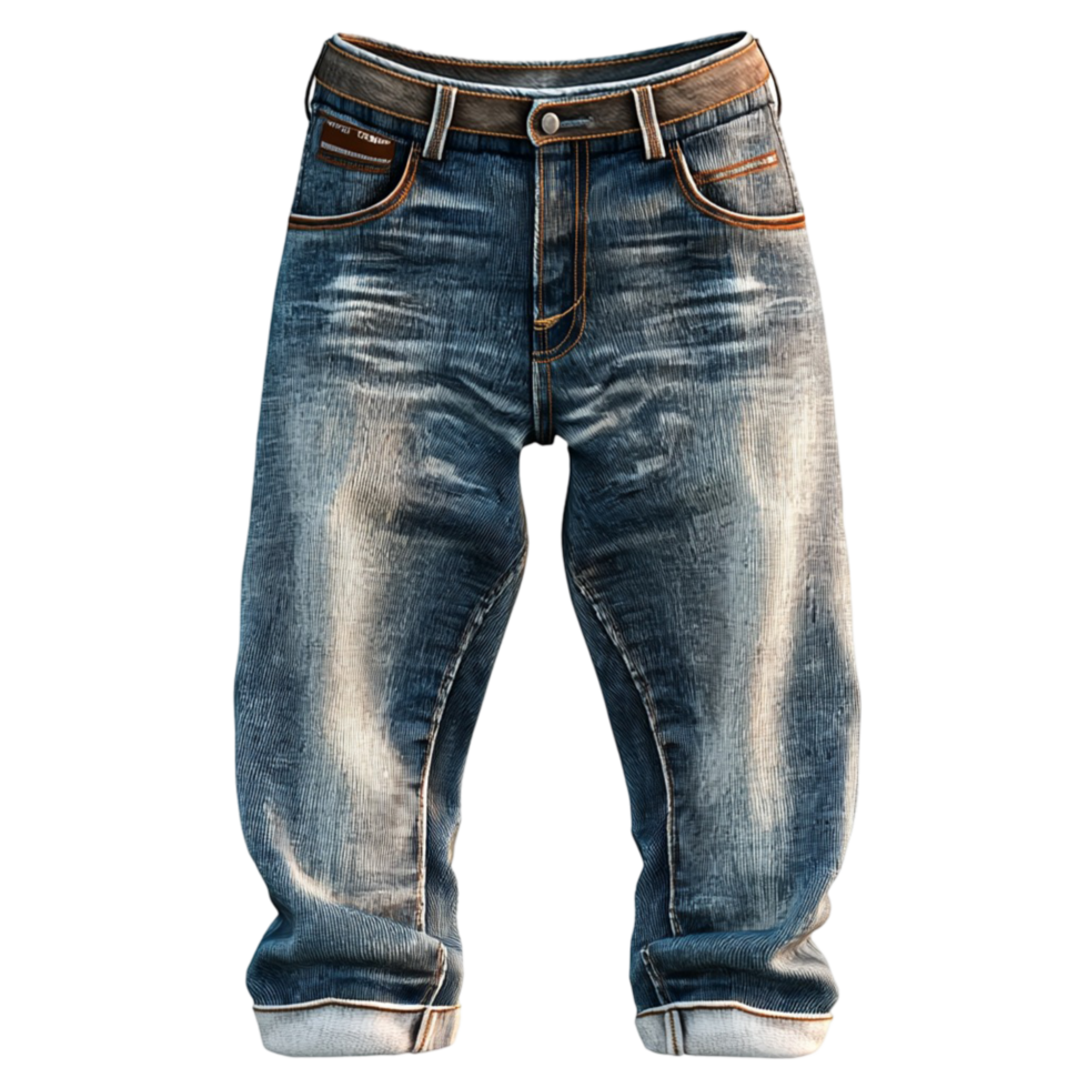 Fashionable blue denim jeans folded cuffs stylish faded look png