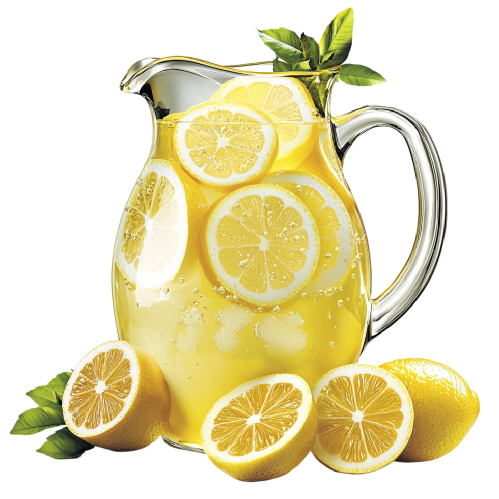 Refreshing lemonade pitcher filled sliced citrus cold ice cubes png