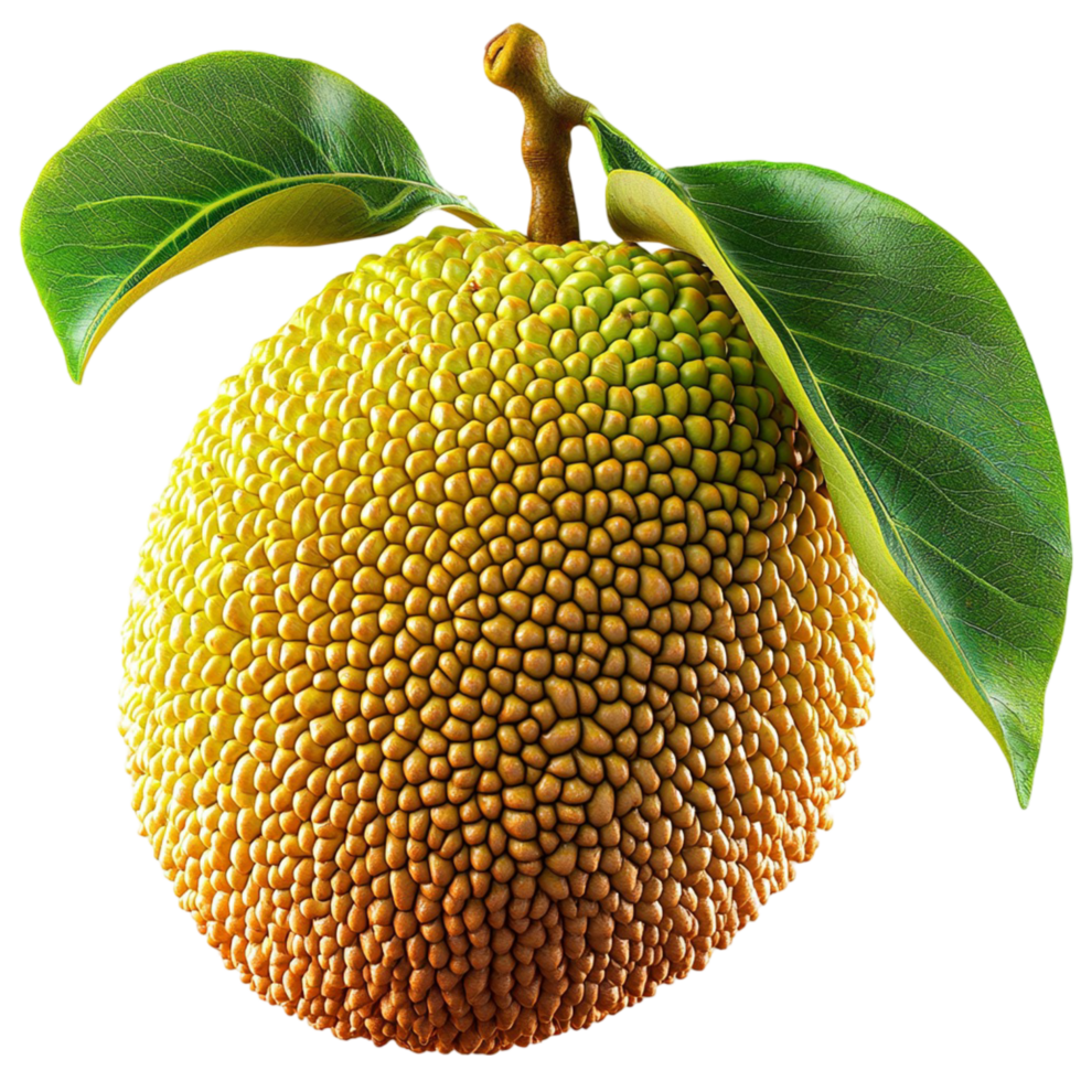Large exotic jackfruit hanging from a branch green textured skin png