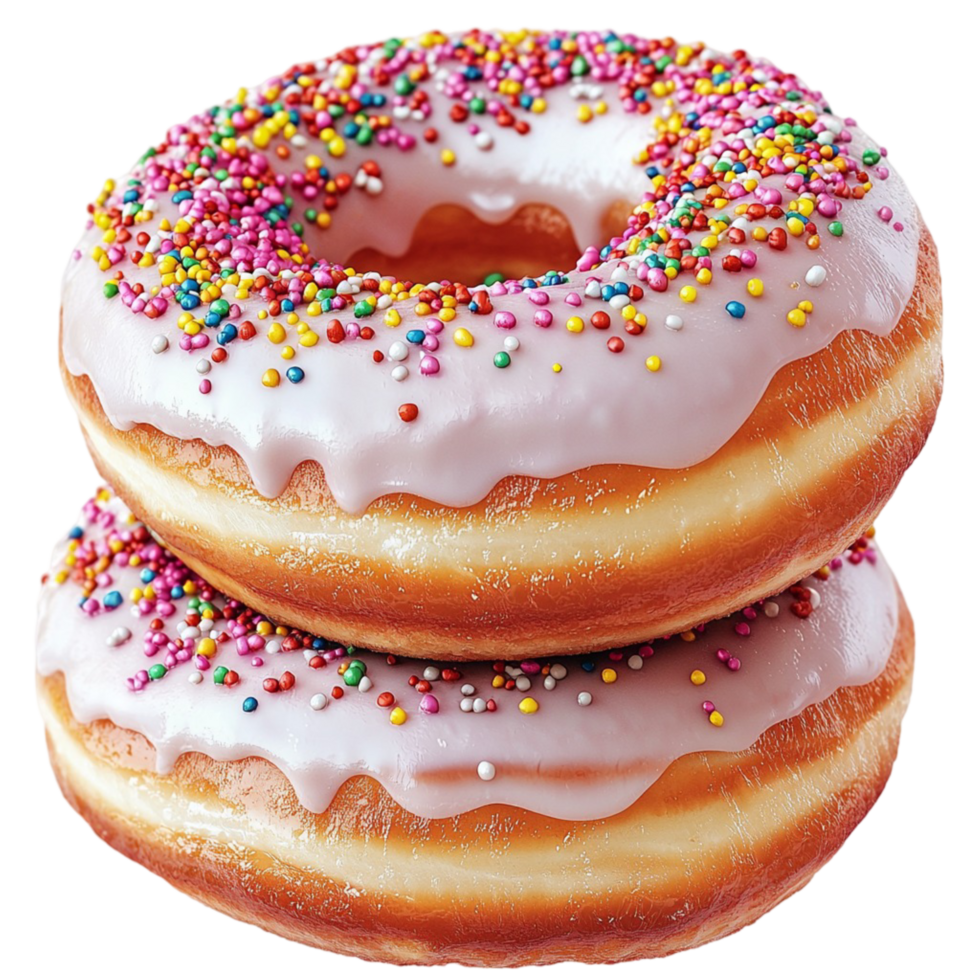 Two colorful donuts covered sweet icing rainbow sprinkles toppings png