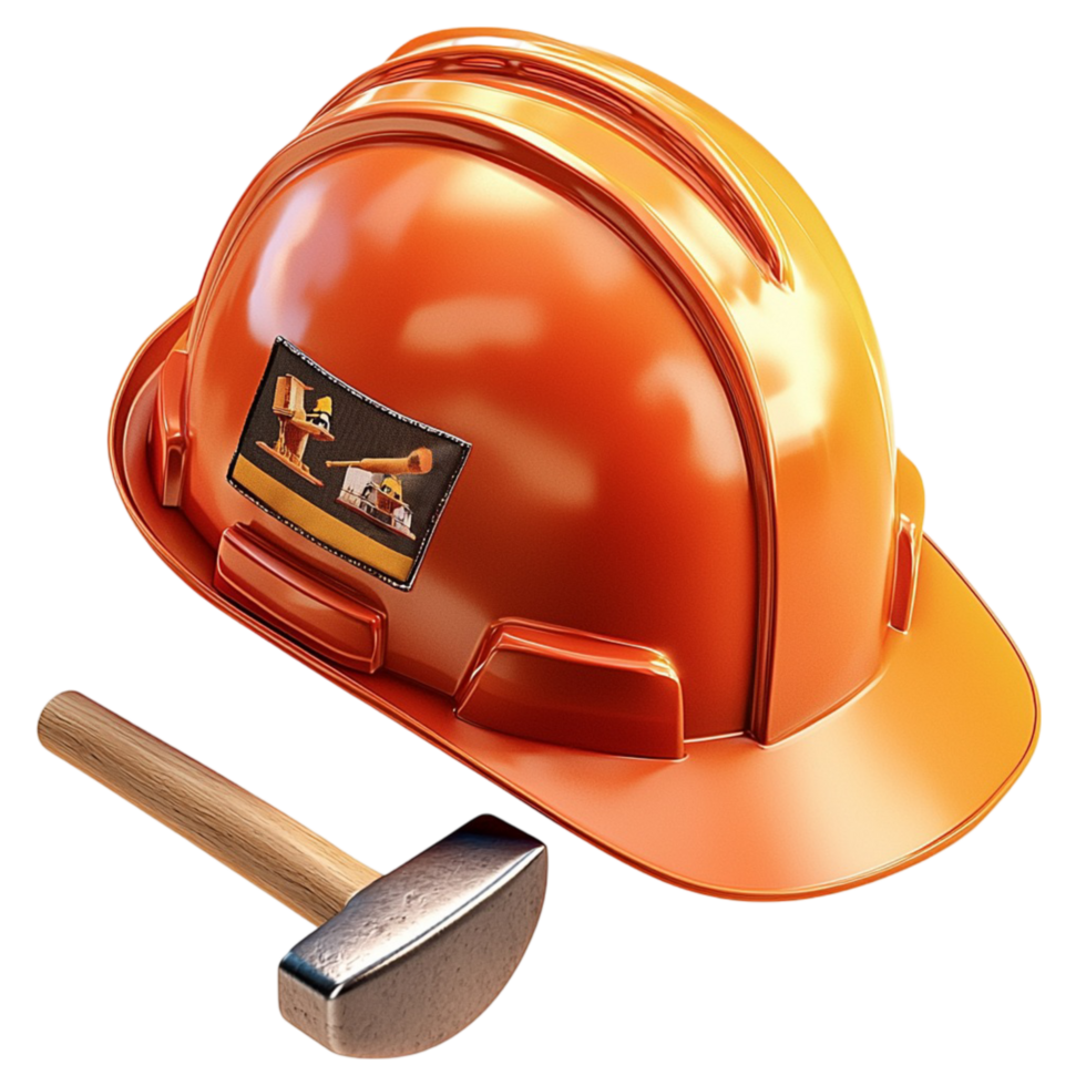 Sturdy orange construction helmet resting on a wooden shovel hle carefully png