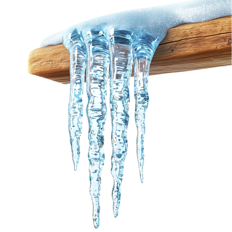 Icicles hanging from a wooden beam glistening in the cold air png