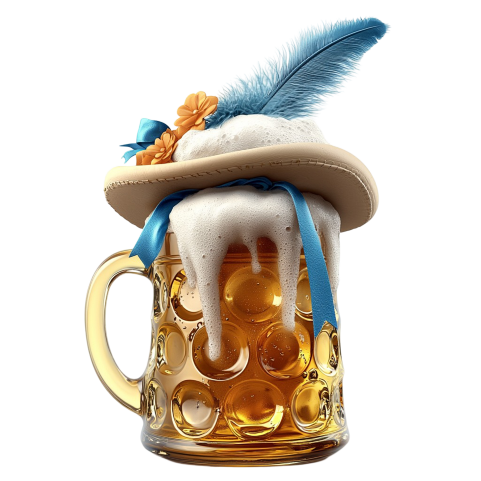 Tall glass mug filled frothy beer a blue feather png