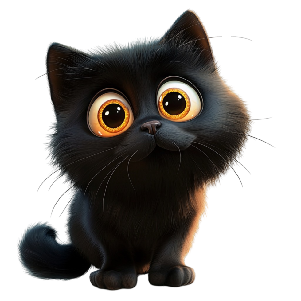 Fluffy black kitten bright orange eyes a tiny nose png