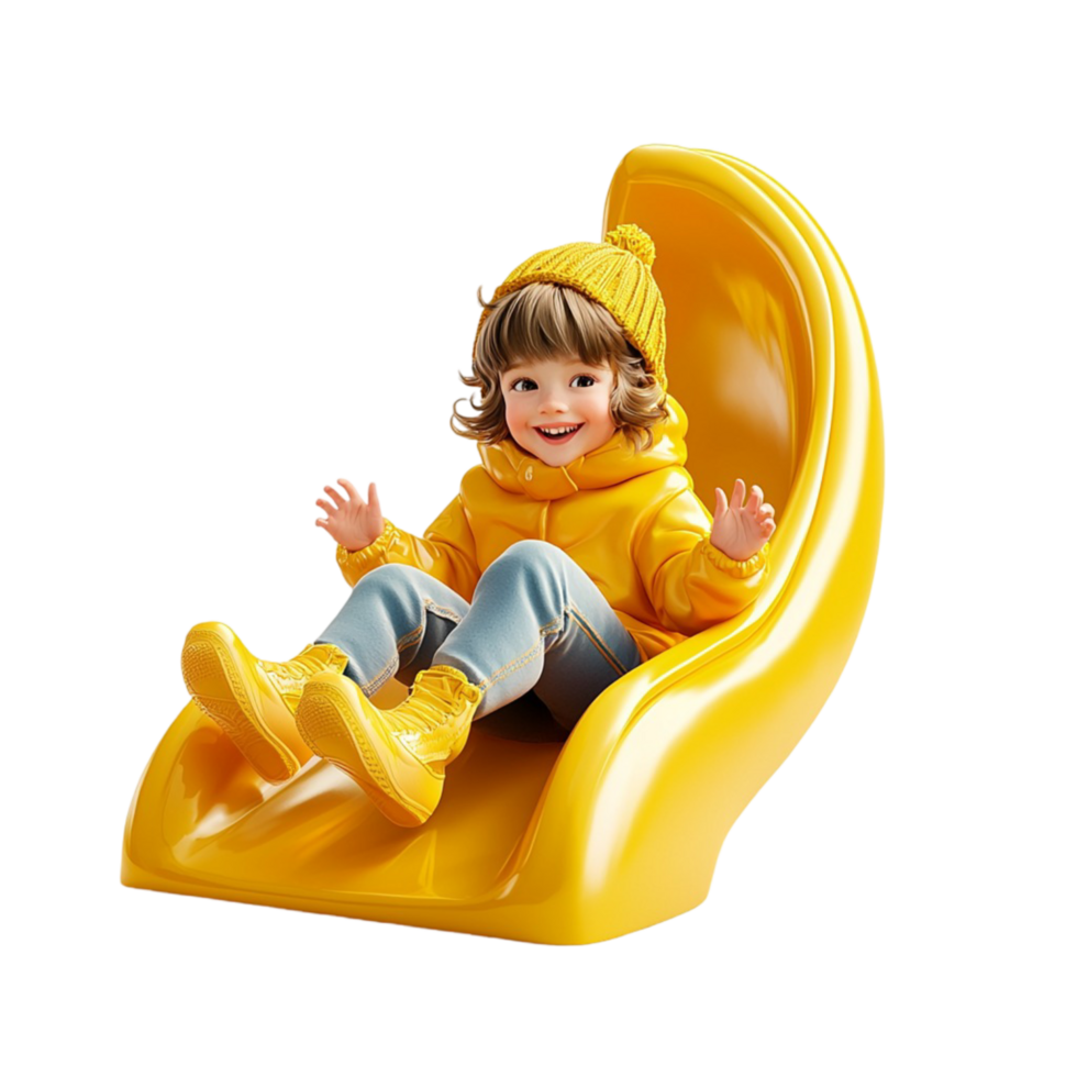 Happy child sliding down a bright yellow playground slide excitedly png