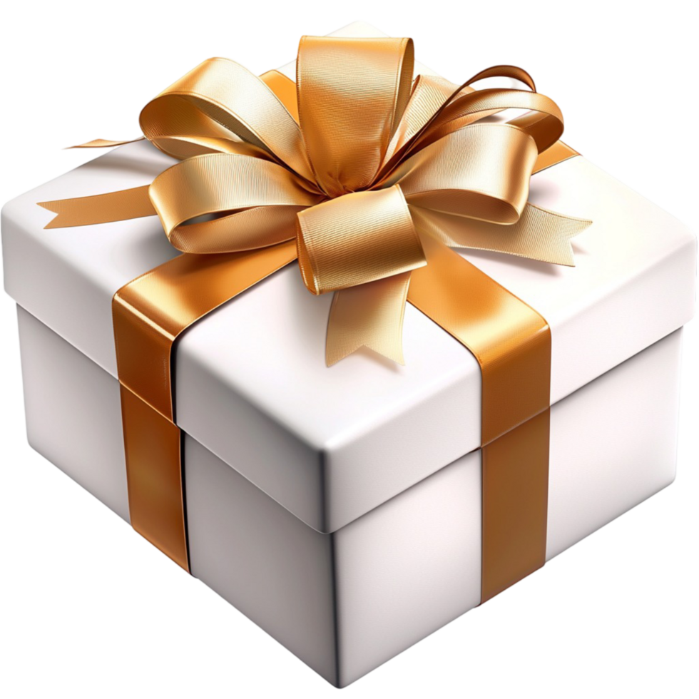 Elegant white gift box wrapped a golden ribbon shiny bow png