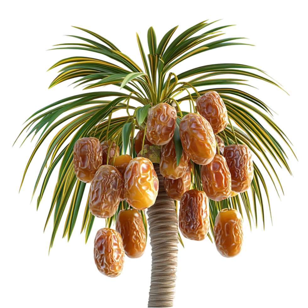 Large tropical palm tree full of hanging ripe golden coconuts png