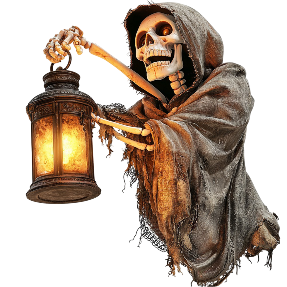 Mysterious hooded skeleton holding an oldfashioned lantern glowing in darkness png