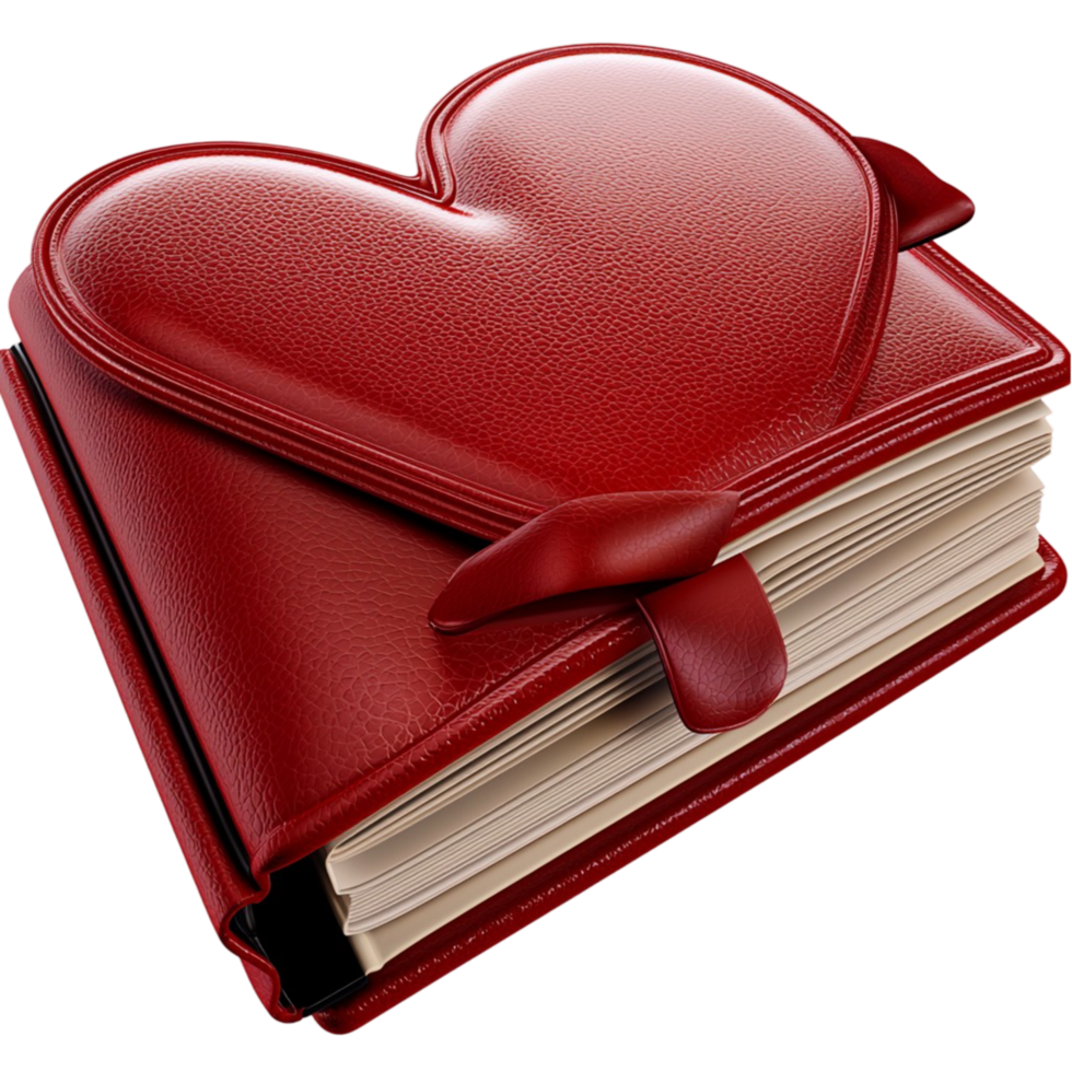 Glossy red heartshaped jewelry box resting on top of a closed book png
