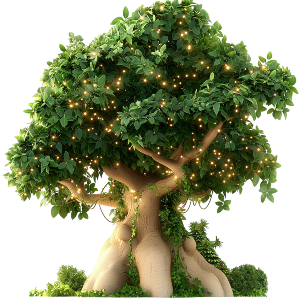 Large green bonsai tree twisted branches sturdy roots png