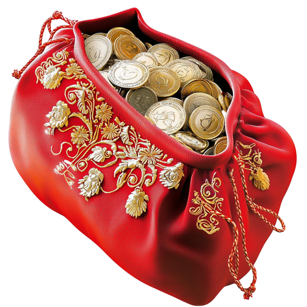 Traditional red silk pouch filled gold coins intricate embroidery png
