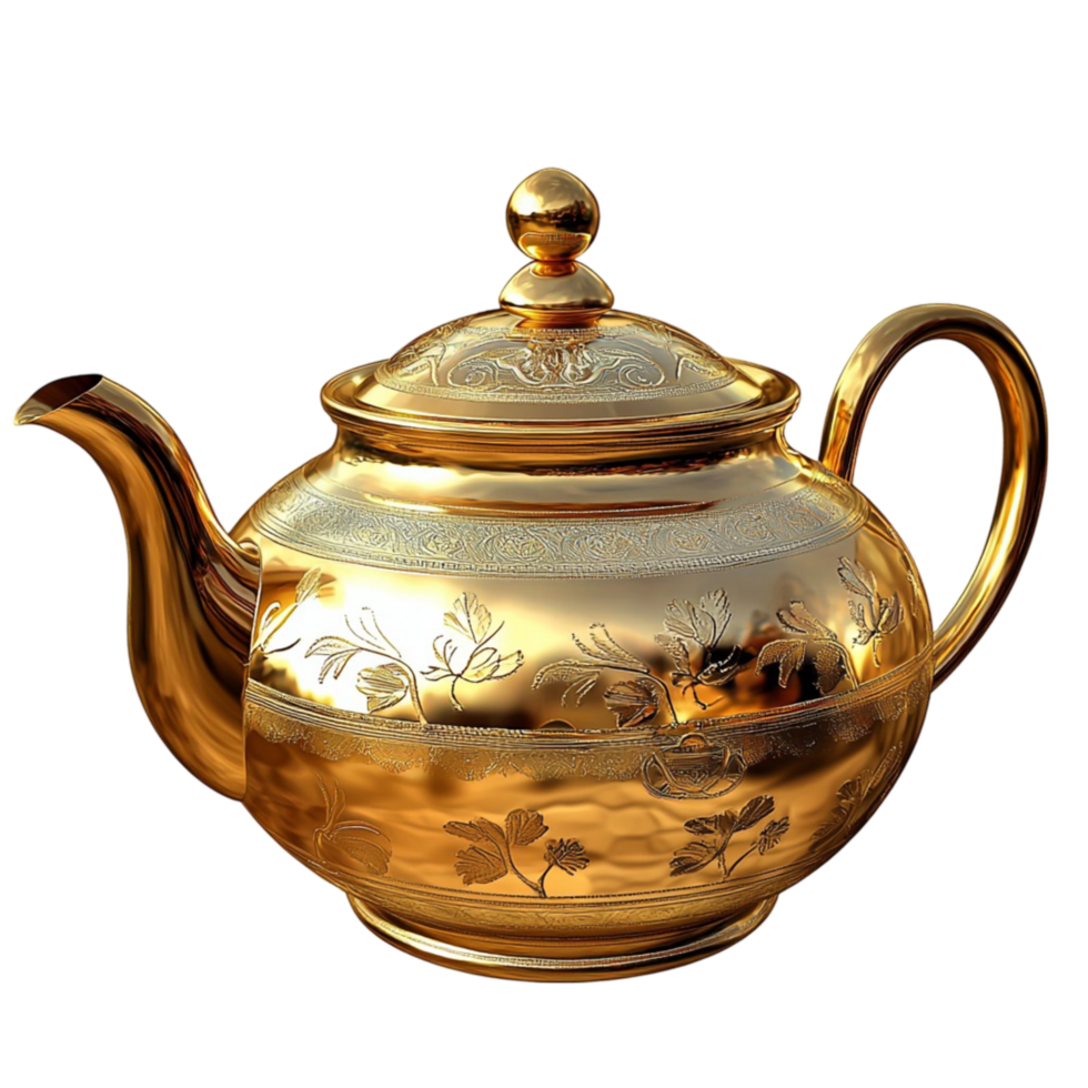 Traditional golden teapot a curved spout intricate detailing png