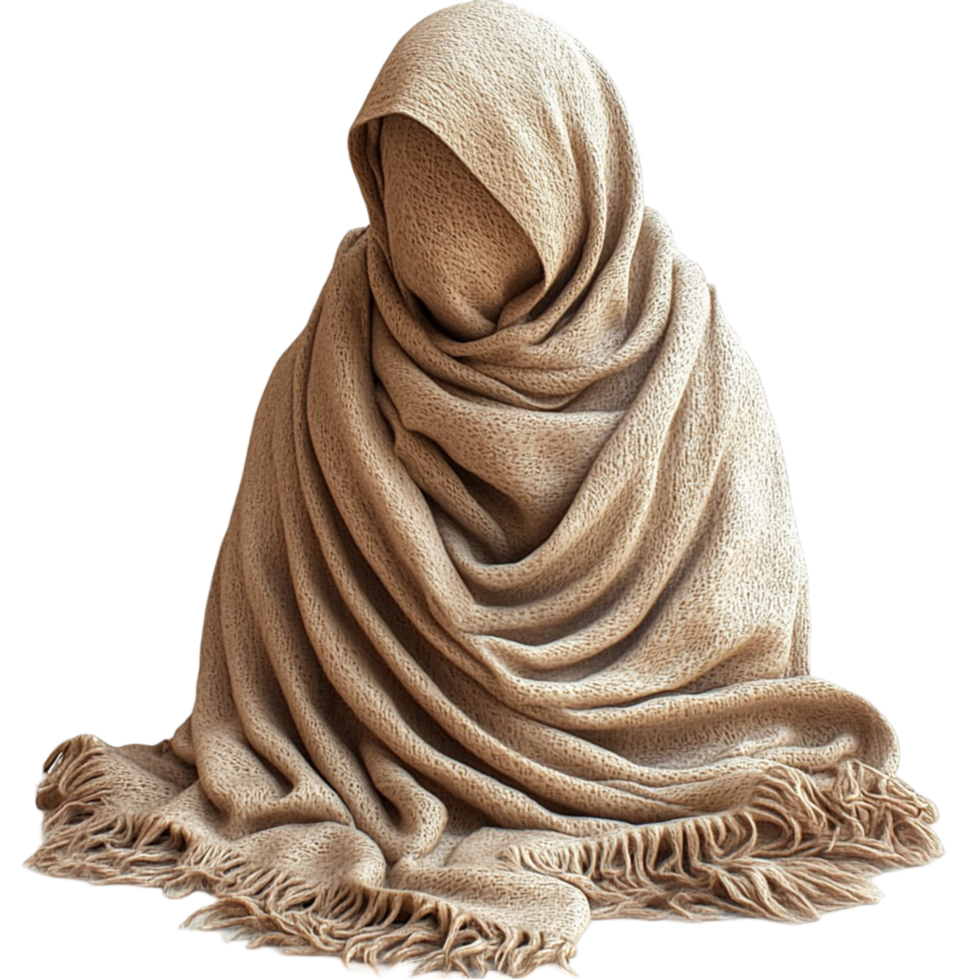 Mysterious hooded figure draped in a soft flowing beige cloak png