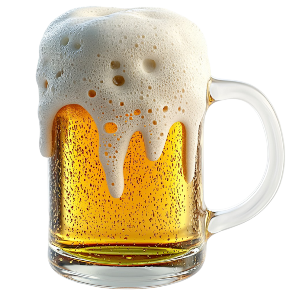 Frosty glass mug filled cold foamy golden beer bubbles png