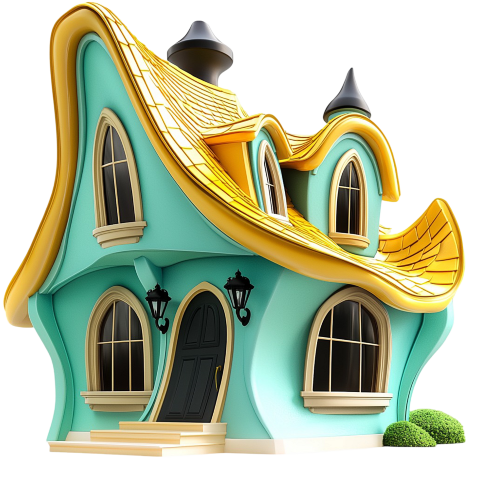 Whimsical fairy tale house a green roof yellow walls png