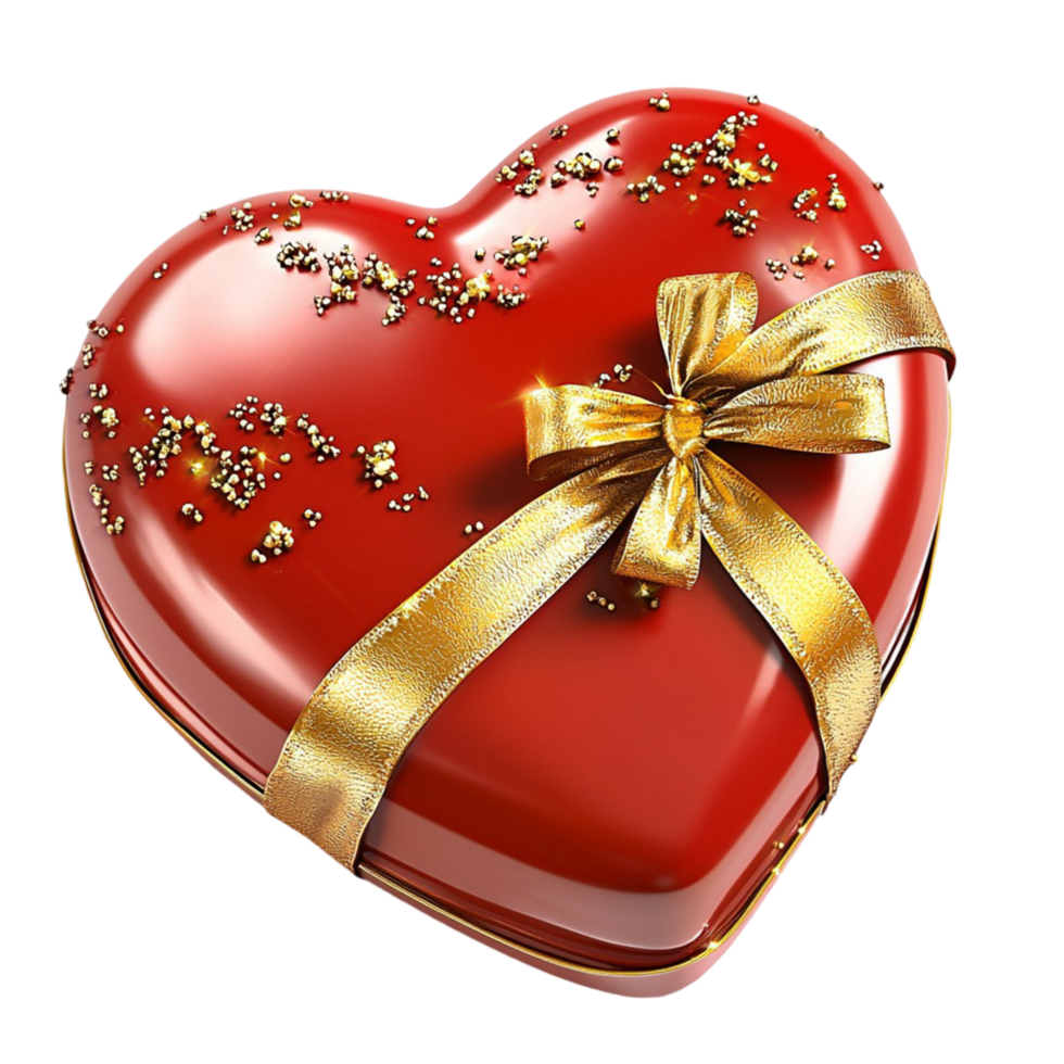 Romantic red heart shaped gift box a shiny golden ribbon tied neatly forming a perfect bow png