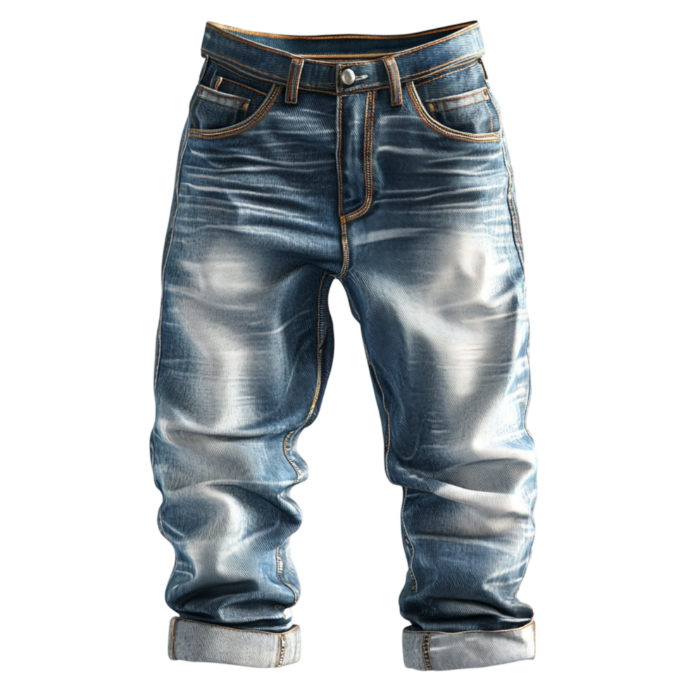 Stylish blue denim jeans a faded effect hanging neatly from a hanger in a clothing store png