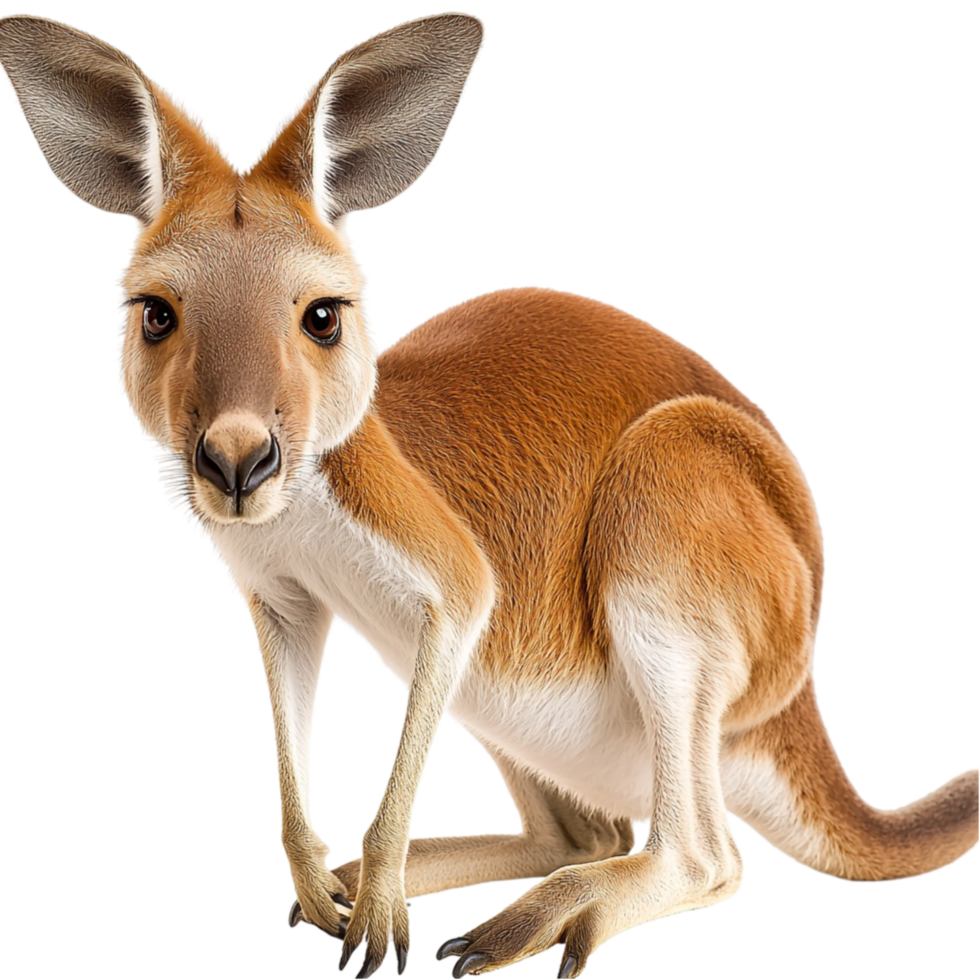 Cute brown kangaroo sting tall its small baby joey peeking out from its pouch curiously png