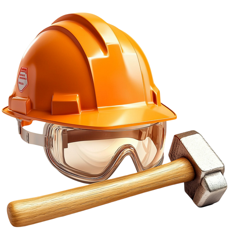 Bright orange construction helmet a safety visor a hammer placed neatly on a workbench png