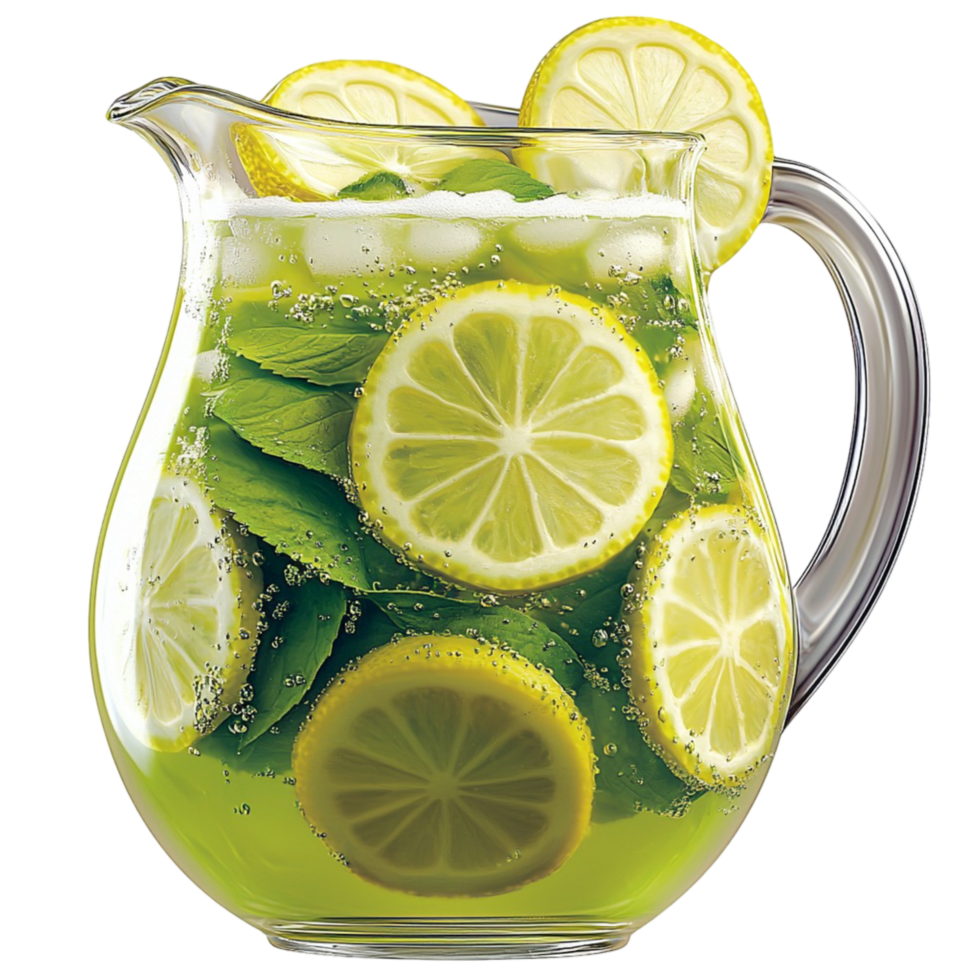 Refreshing glass pitcher filled ice cold lemonade fresh lime slices garnished mint leaves png