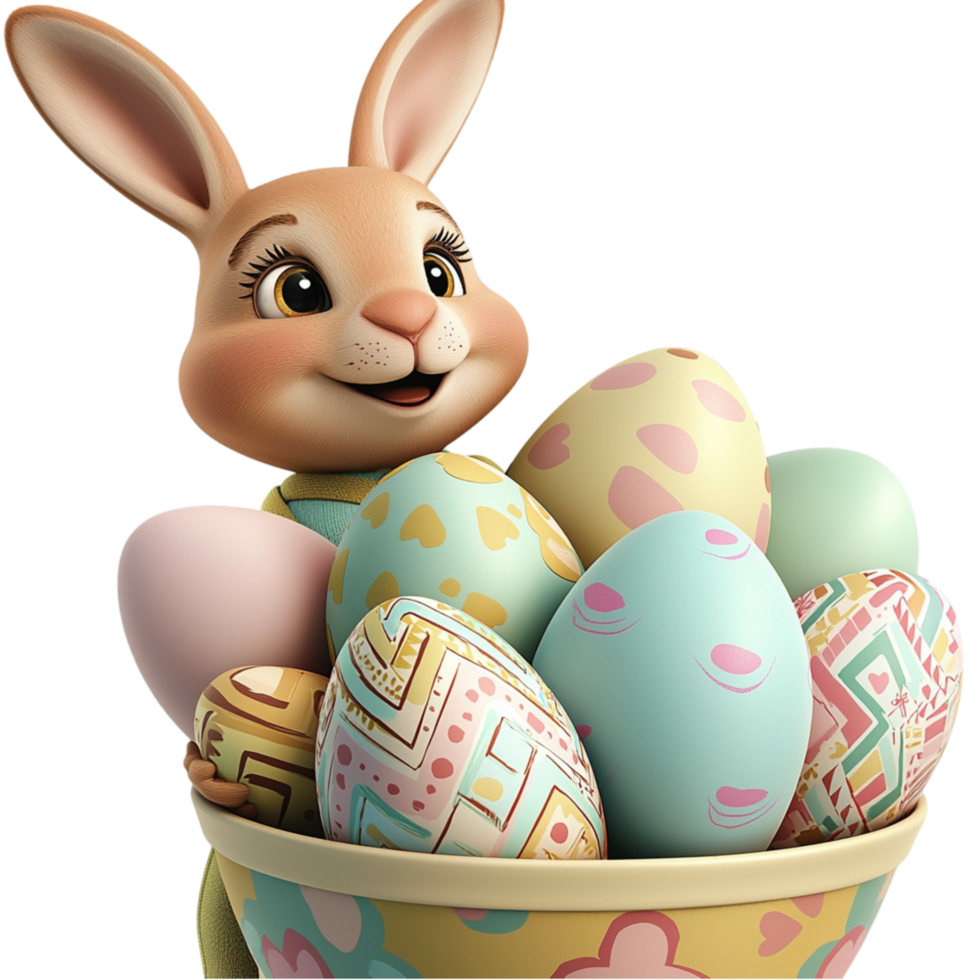 Two adorable rabbits carrying a woven basket filled colorful ed Easter eggs png