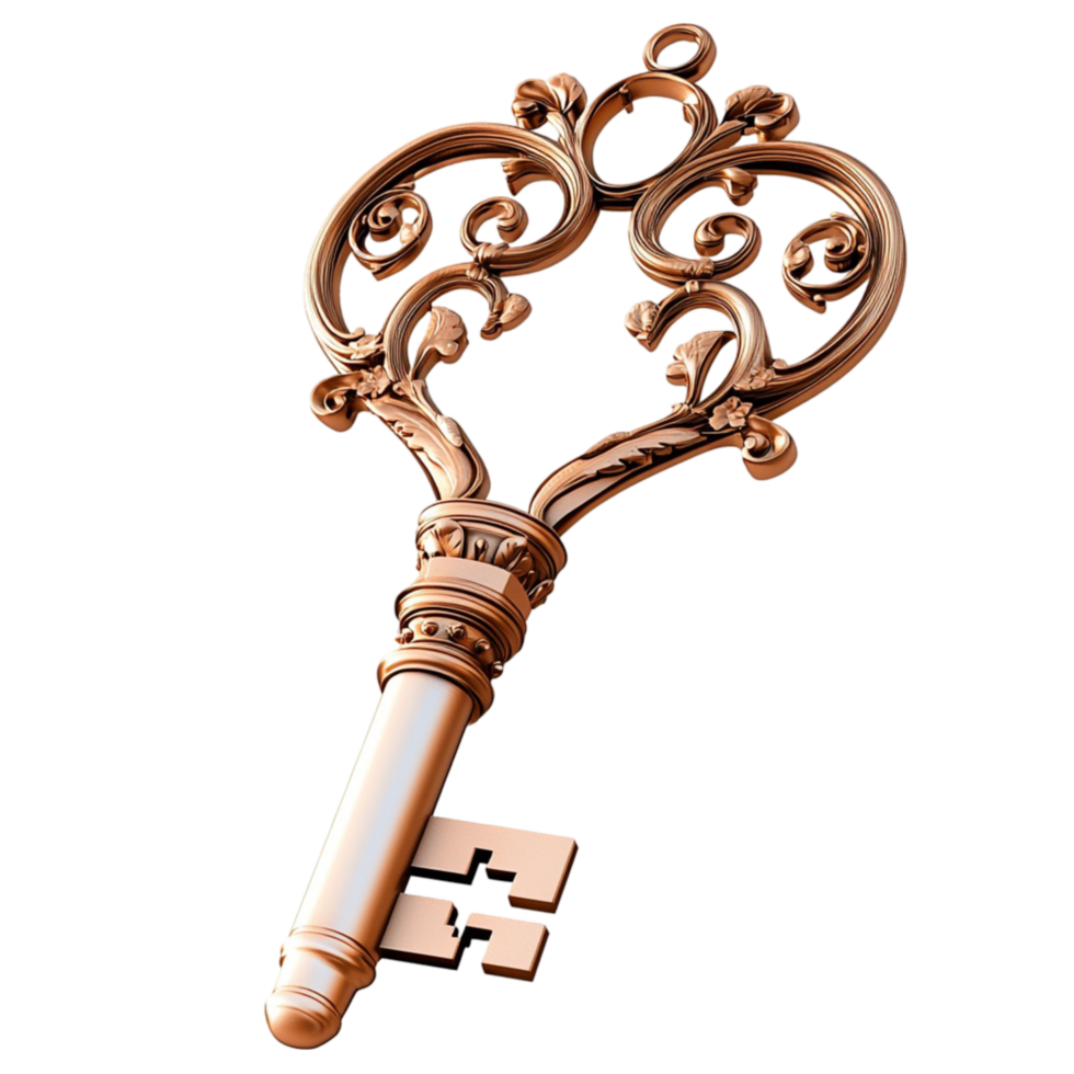 Vintage golden key intricate decorative carvings lying on a smooth wooden table looking very antique png