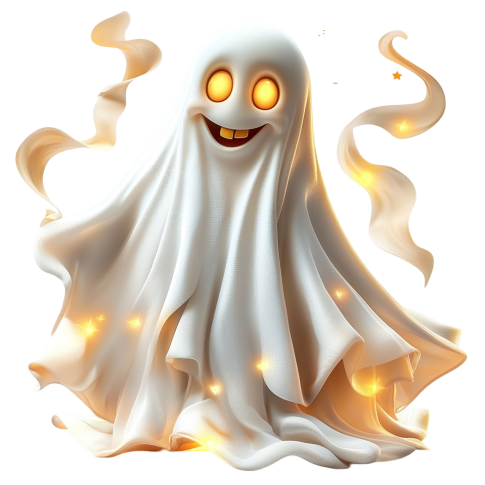 Playful floating ghost glowing orange eyes wispy smoky ethereal flowing appearance png