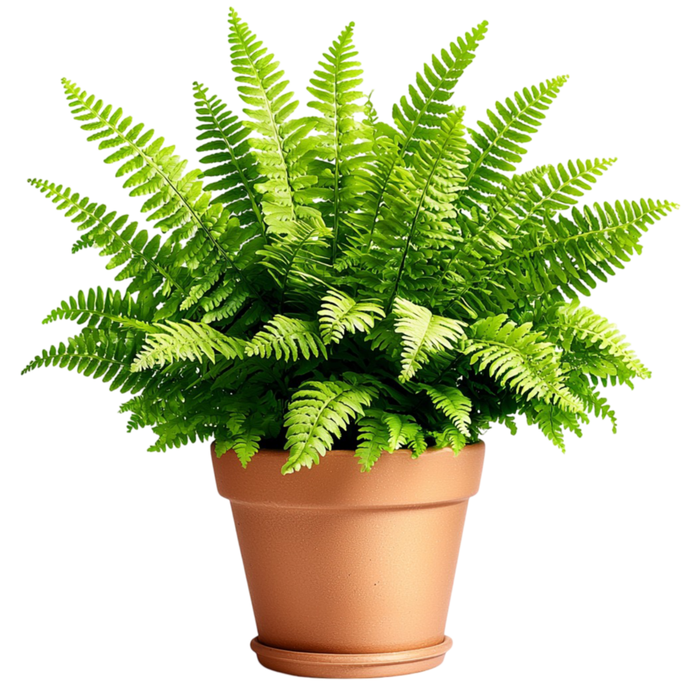 Vibrant green potted fern sting tall lush leaves spreading beautifully in different directions png