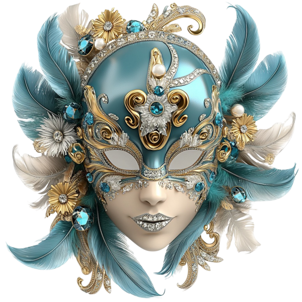 Beautifully decorated blue masquerade mask intricate golden patterns shining png