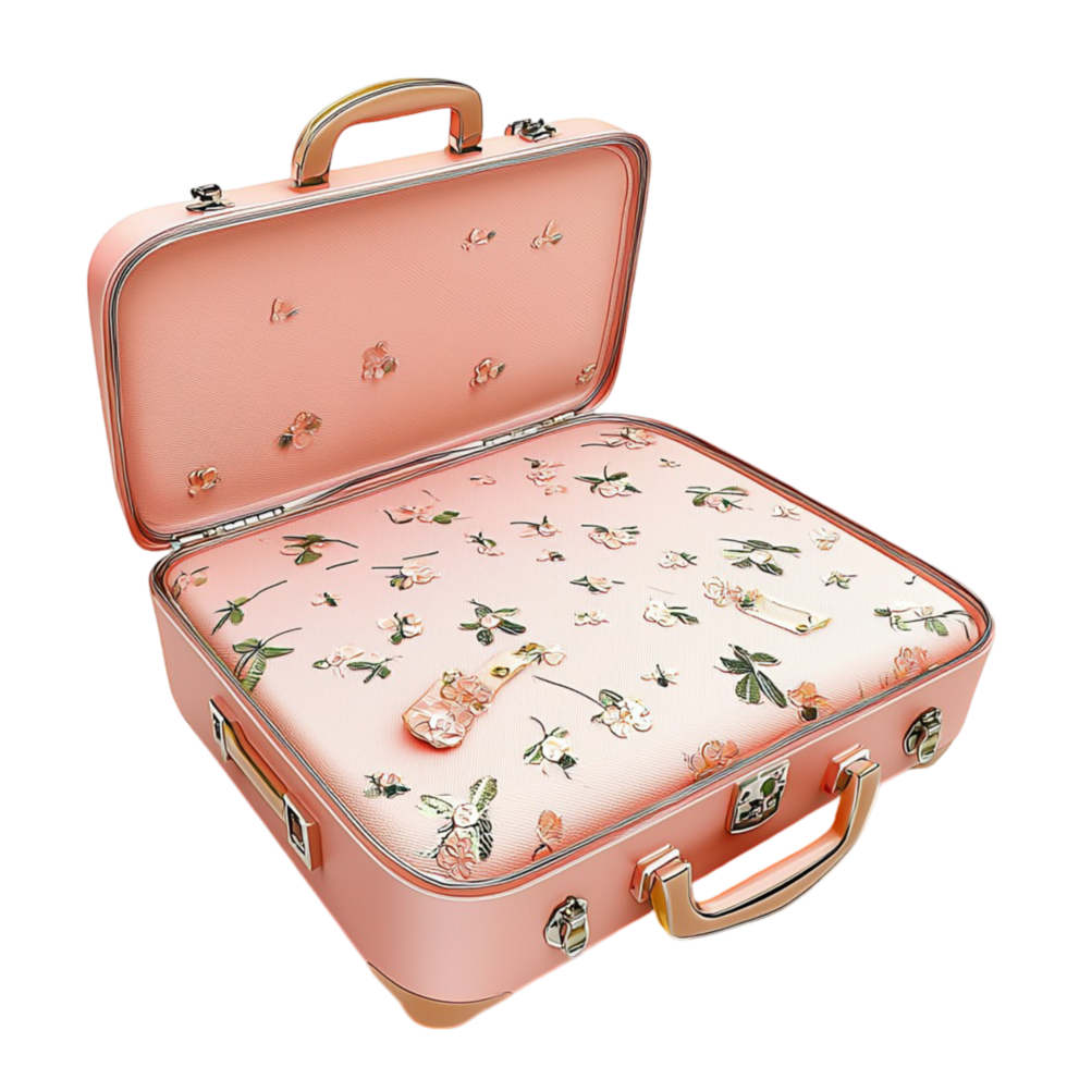 Vintage pink suitcase floral interior sitting neatly on floor png