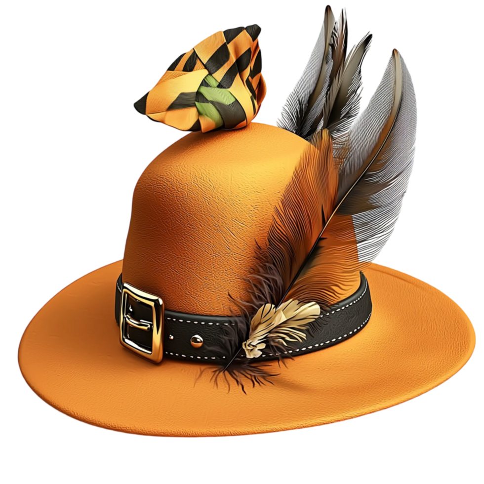 Classic brown cowboy hat a feather resting on table png