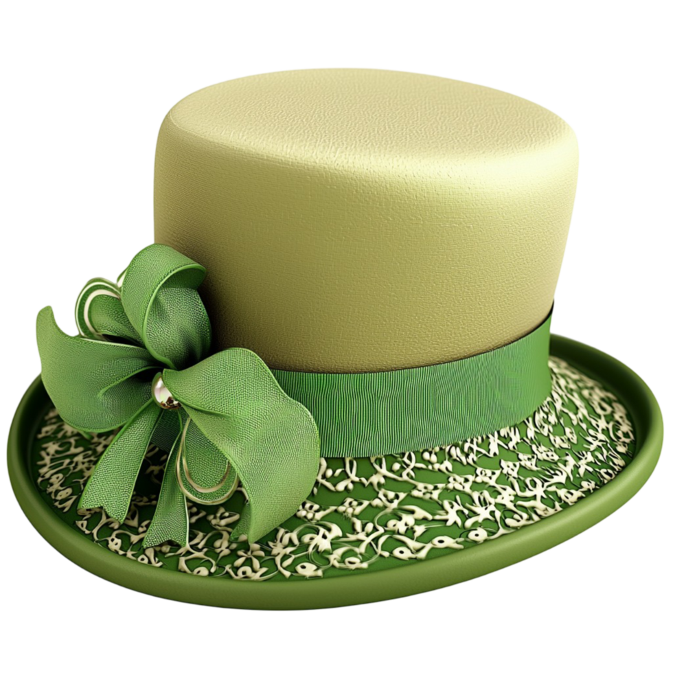 Elegant green hat decorated a beautiful matching ribbon sitting stylishly on a flat round plate png