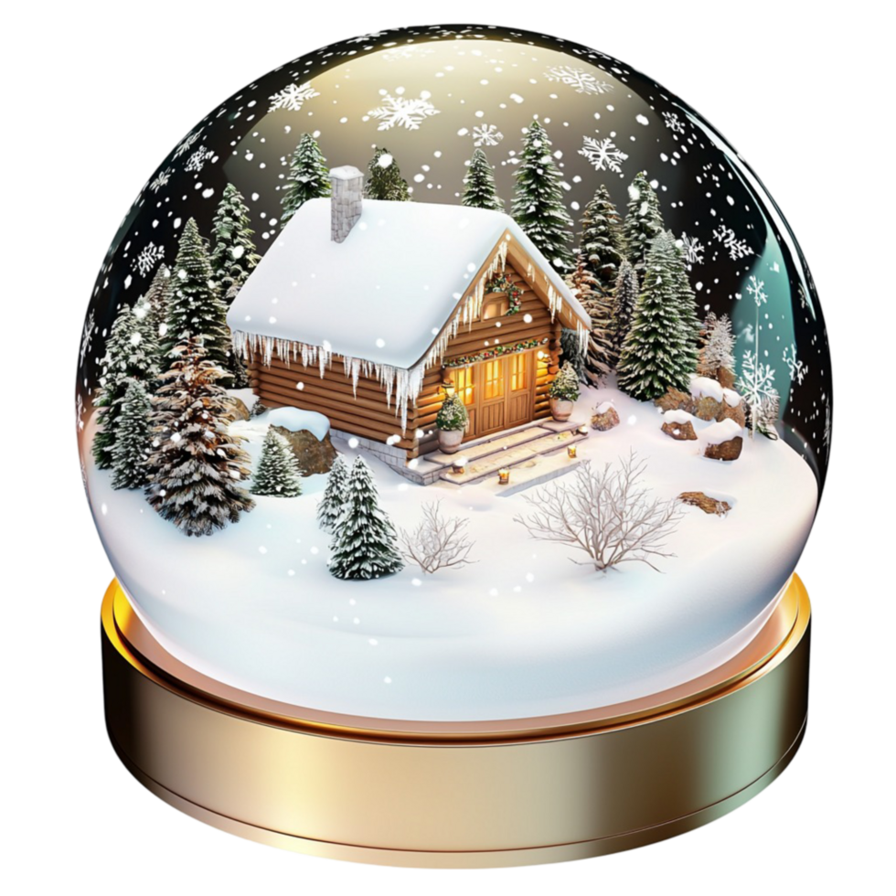 Magical Christmas snow globe a cozy little house surrounded by gently falling white snowflakes png