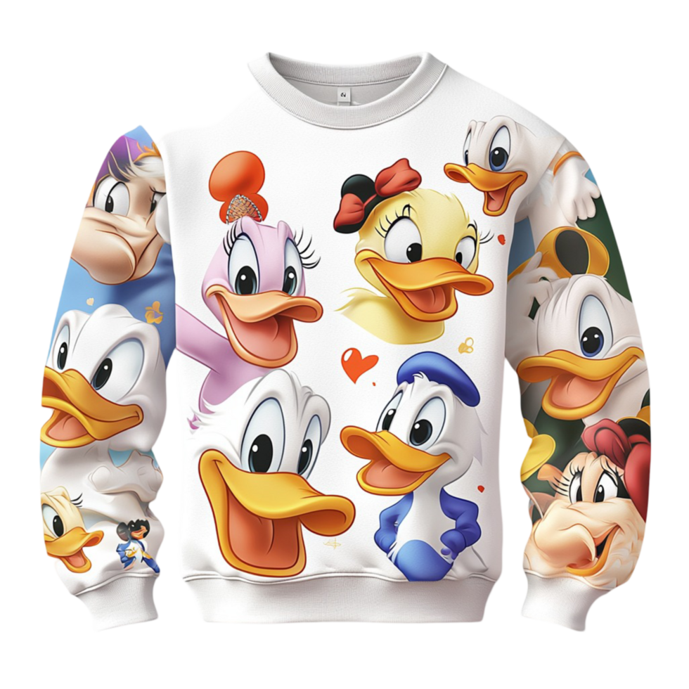 Colorful Donald Duck printed sweatshirt a vibrant design featuring multiple playful animated character faces png
