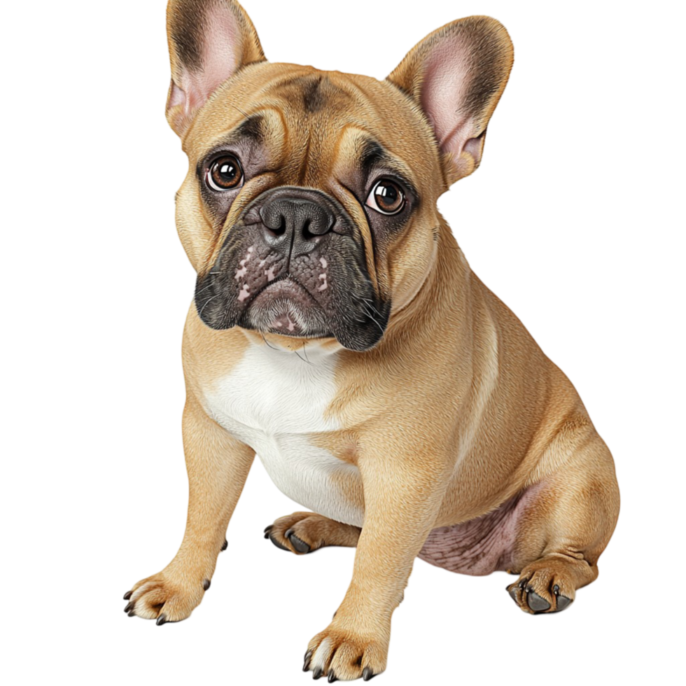 Cute little brown bulldog sitting attentively large ears perked up looking curious intelligent png