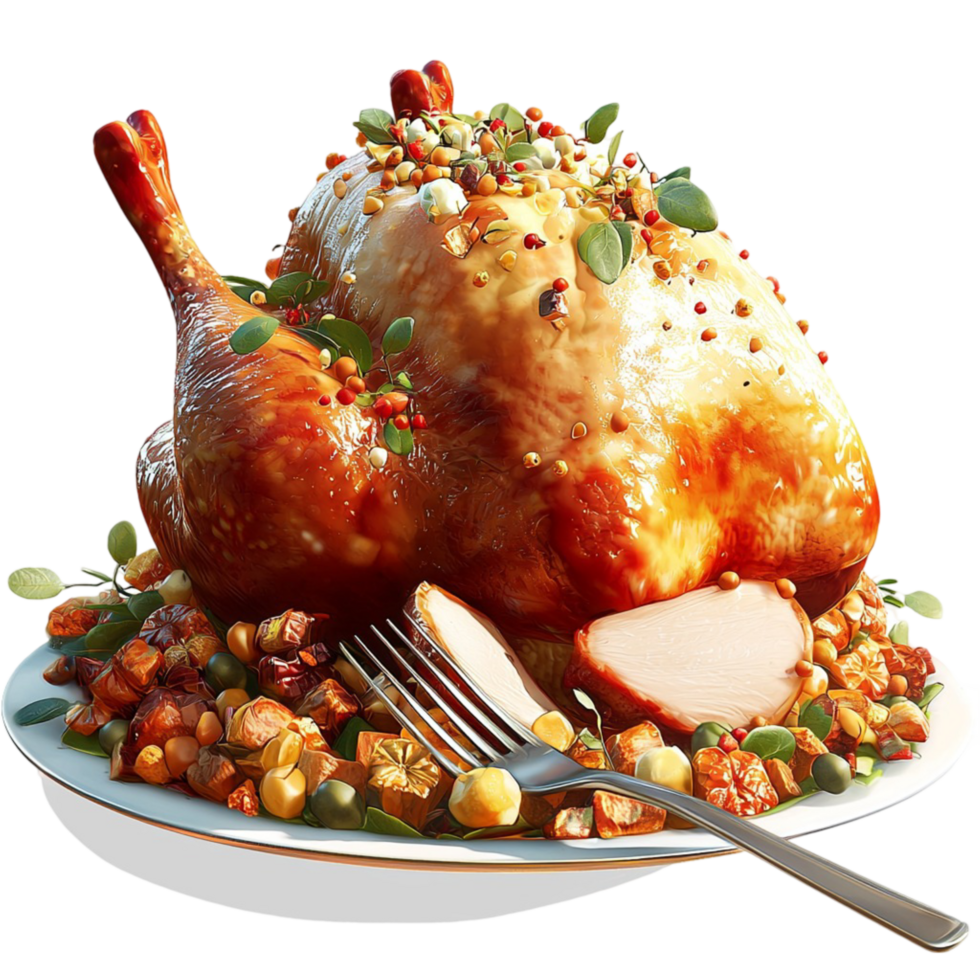 Delicious golden roasted turkey served on a plate fresh vegetables flavorful side dishes beautifully arranged png