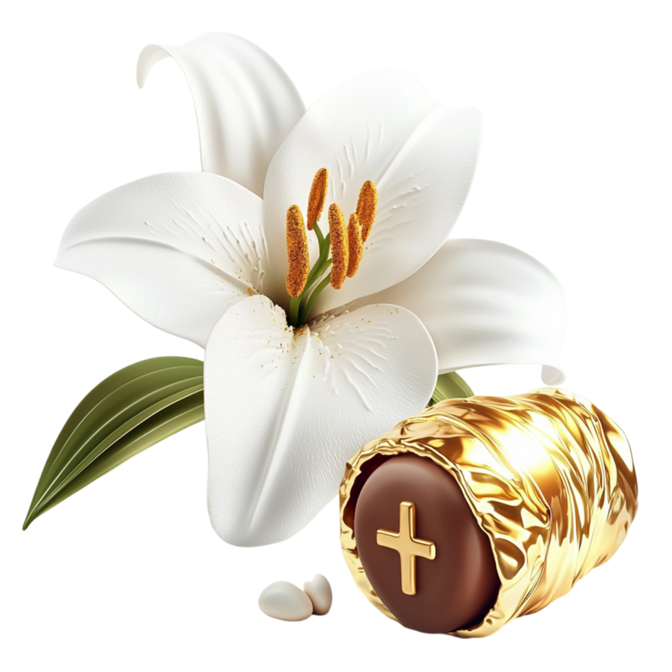 Elegant white lily flower placed next to a golden cross symbolizing peace faith purity deep spirituality png