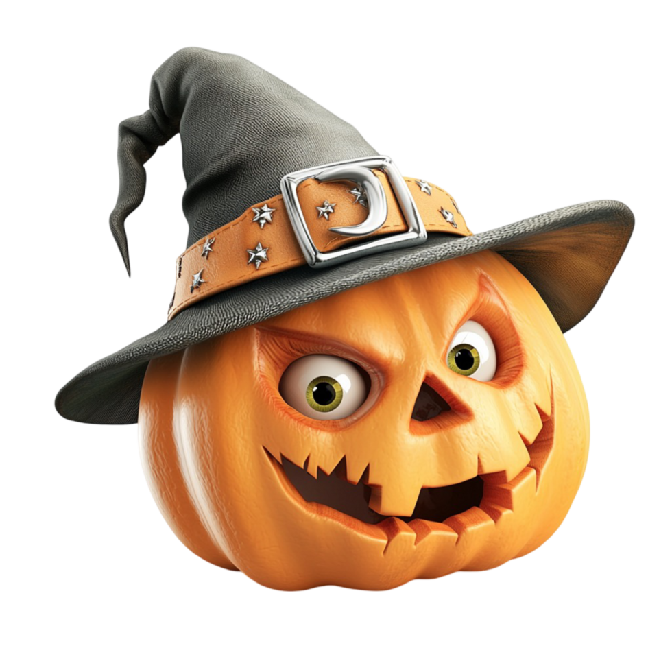 Spooky carved pumpkin wearing a classic witch hat looking mischievous eerie perfect for Halloween decorations png