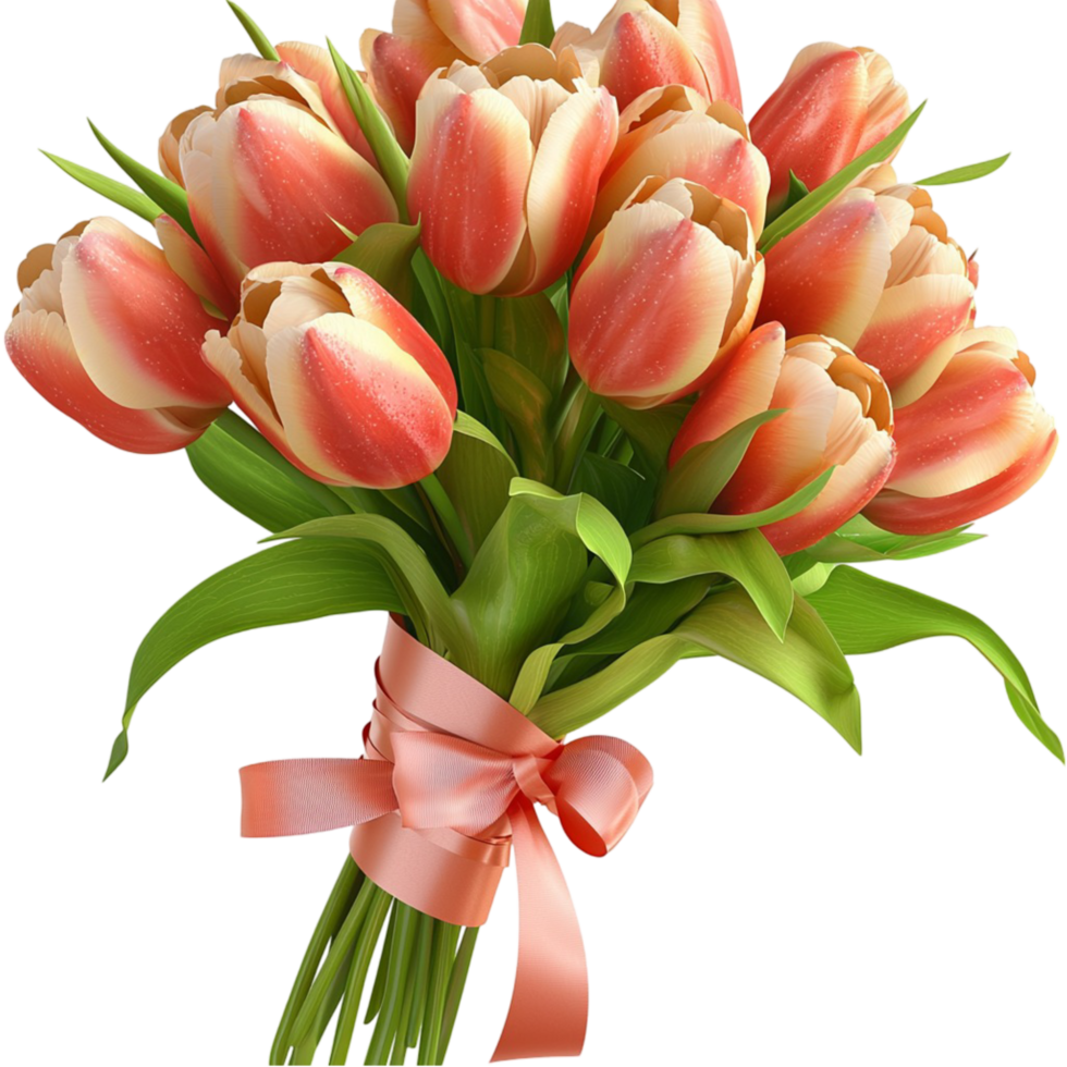 Lovely bouquet of fresh orange pink tulips tied together elegantly expressing warmth happiness appreciation png