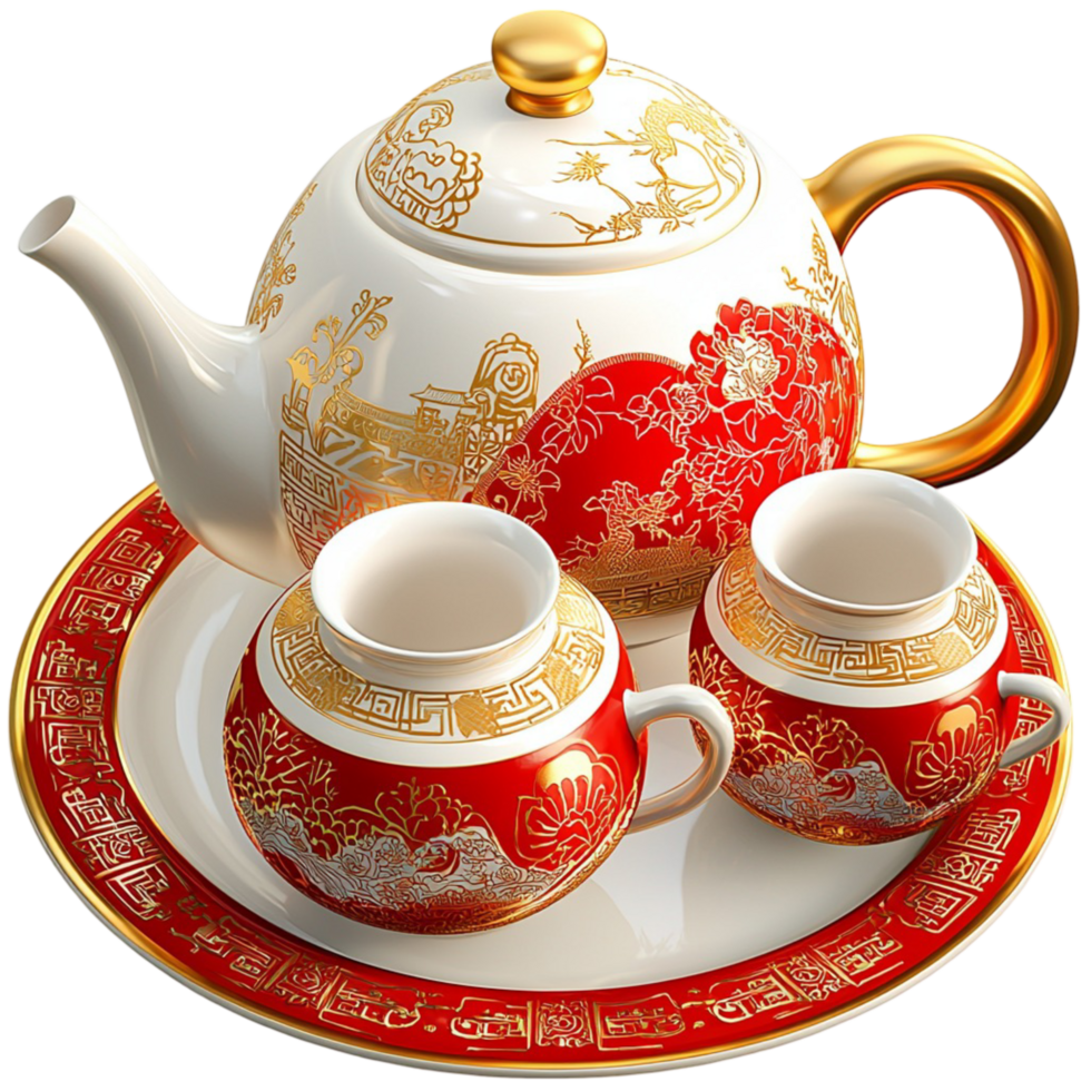 Traditional Chinese tea set red gold patterns looking elegant luxurious perfect for tea lovers png
