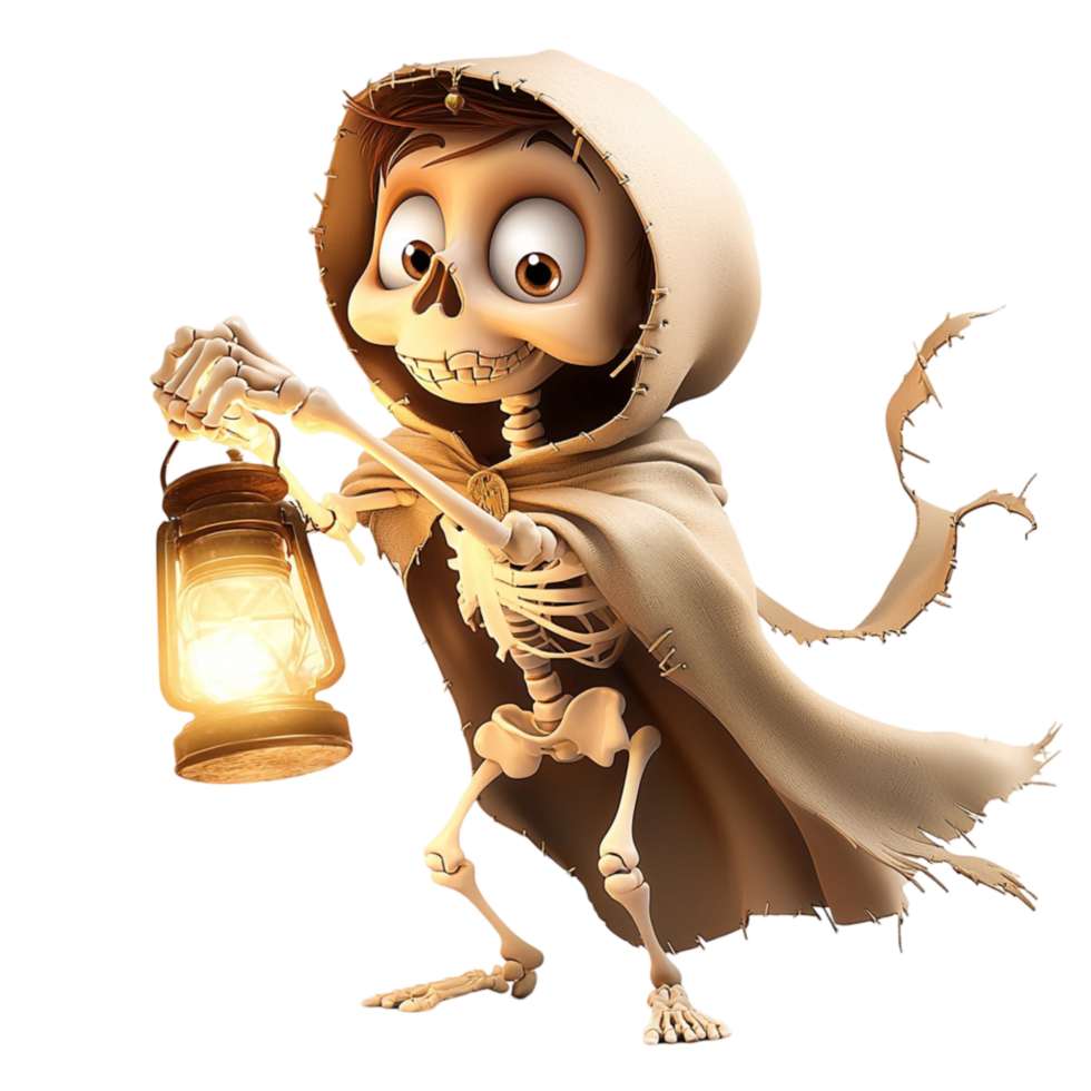 Cute cartoon skeleton holding a glowing lantern looking spooky playful perfect for Halloween decorations png