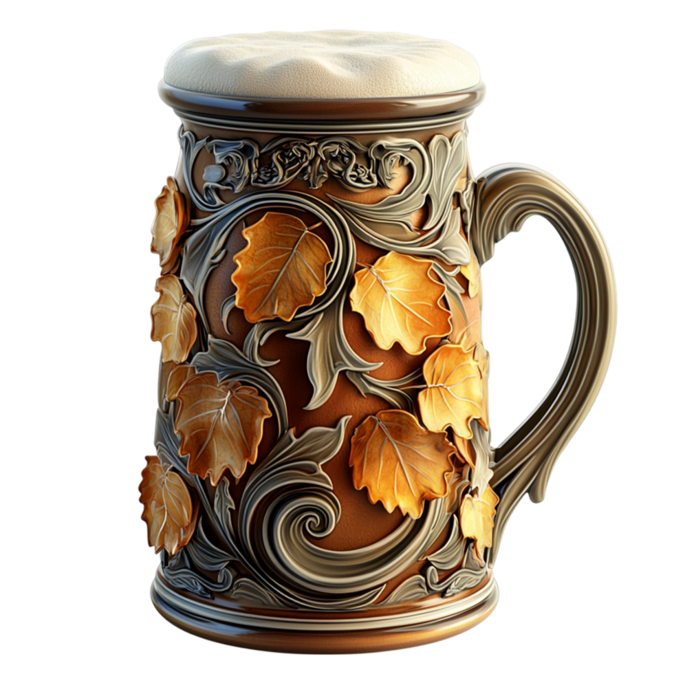 Traditional German beer mug intricate autumn leaf designs looking vintage rustic perfect for Oktoberfest png