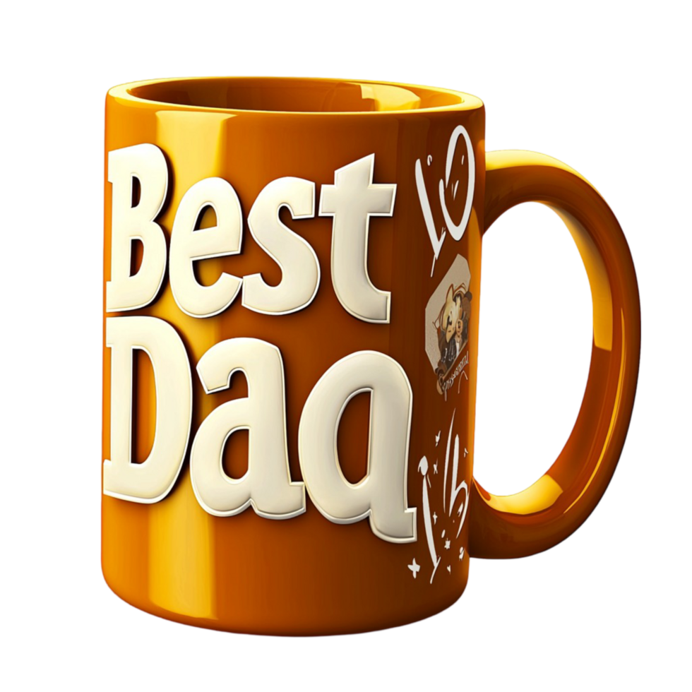 Bold orange coffee mug the words Best Dad printed looking thoughtful sentimental perfect for Fathers Day png