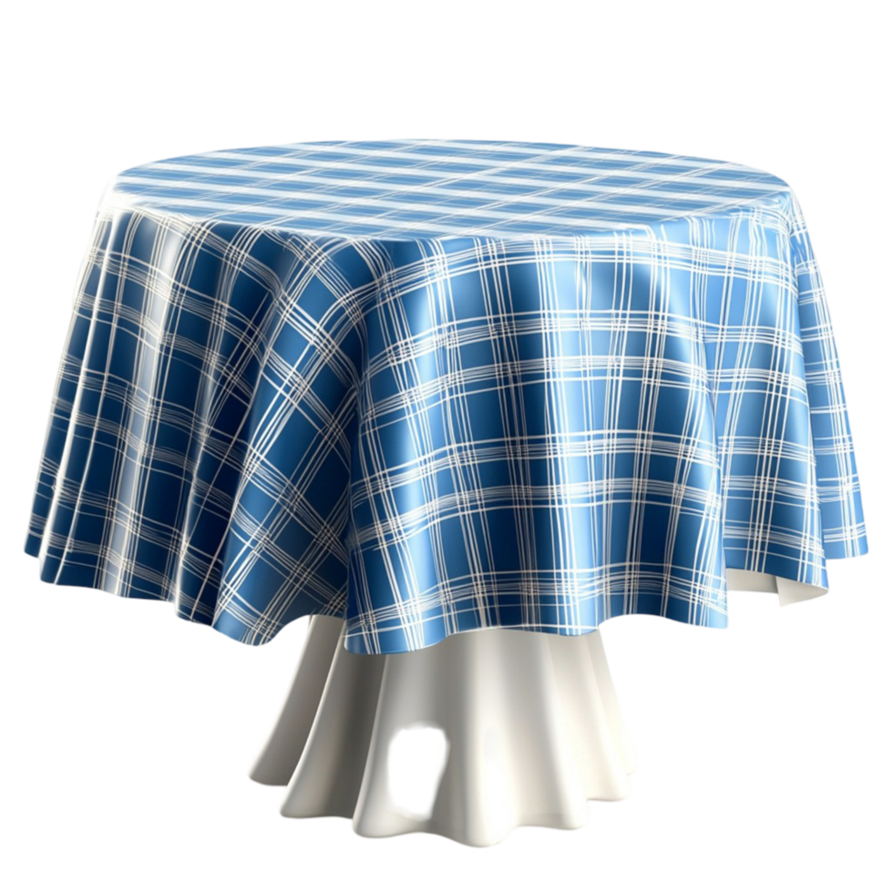 Blue white checkered tablecloth draped over a round table looking neat elegant perfect for dining png