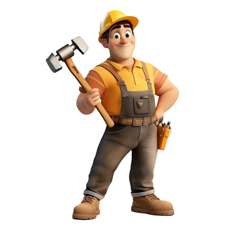 Cartoon construction worker holding a hammer looking strong determined perfect for builders engineers png