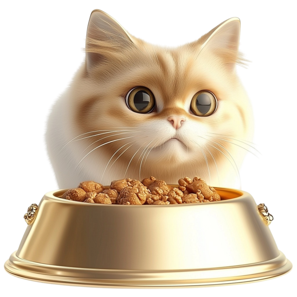Cute fluffy cat sitting beside a golden food bowl looking content happy perfect for pet lovers png