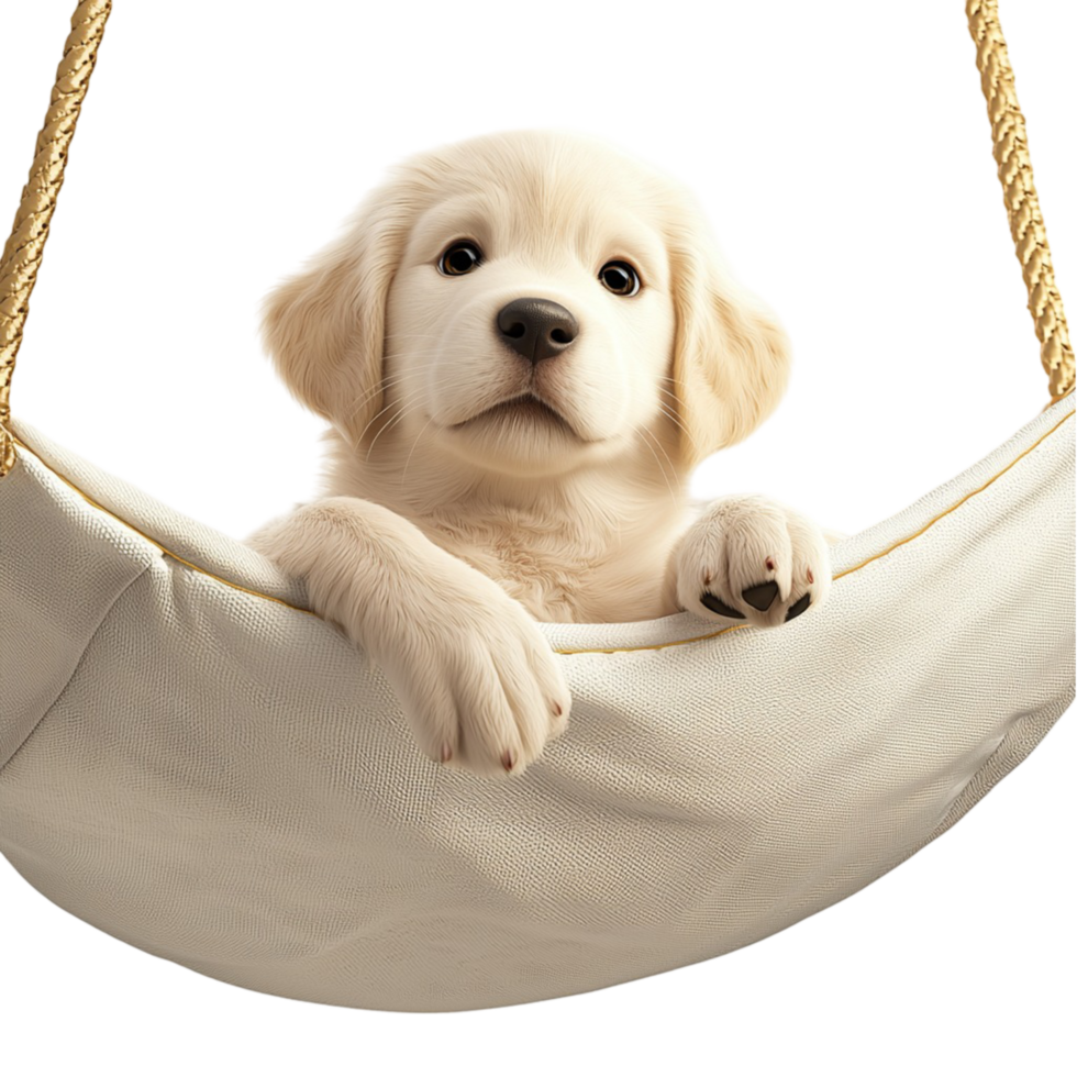 Cute white puppy resting in a hammock looking peaceful sleepy perfect for dog lovers relaxation png