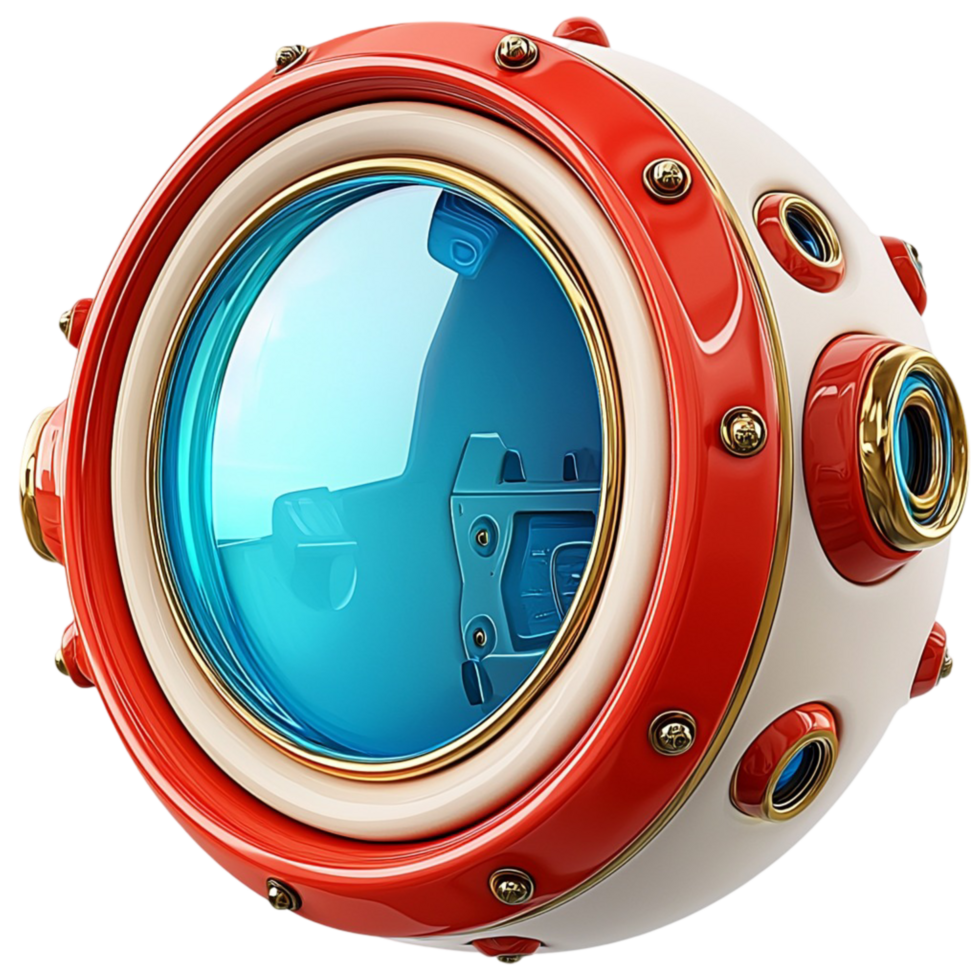 Futuristic round submarine window a blue glass panel metallic red frame png
