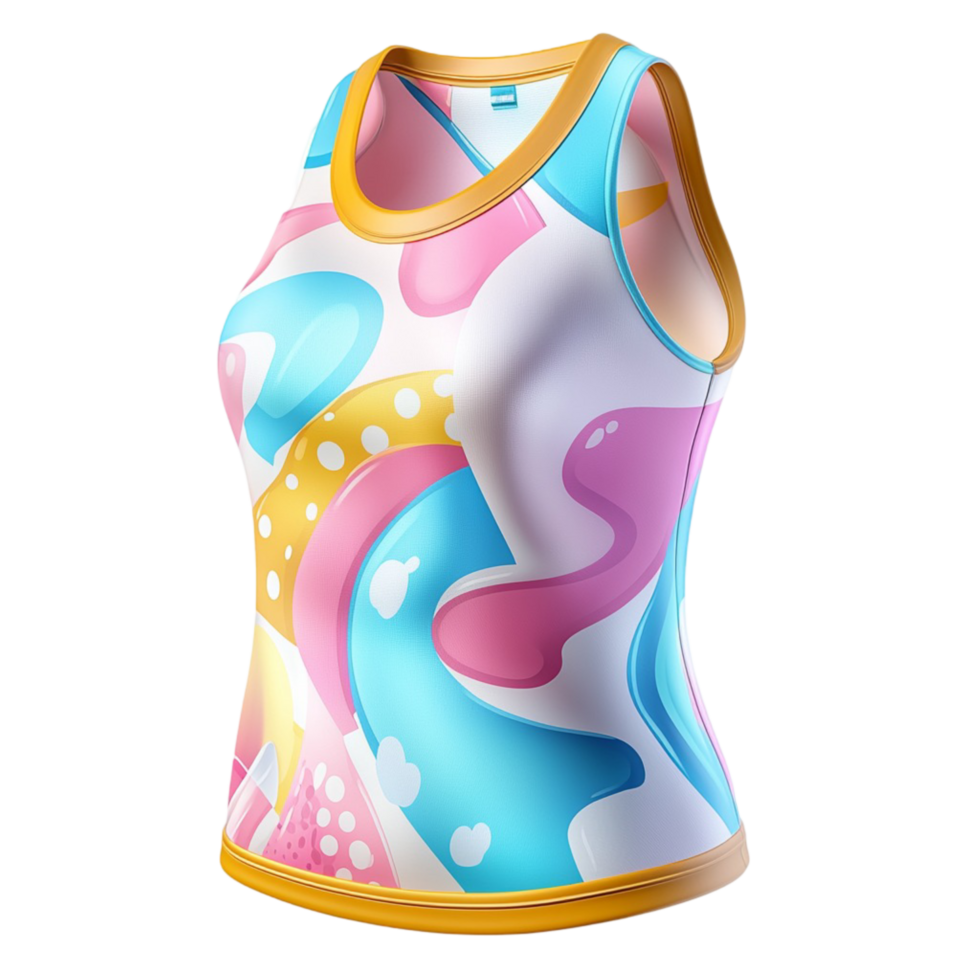 Vibrant sleeveless sports top blue pink yellow abstract swirling patterns png